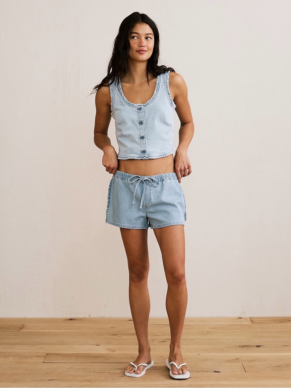 AE Stretch Low Rise Ruffle Trim Chambray Short